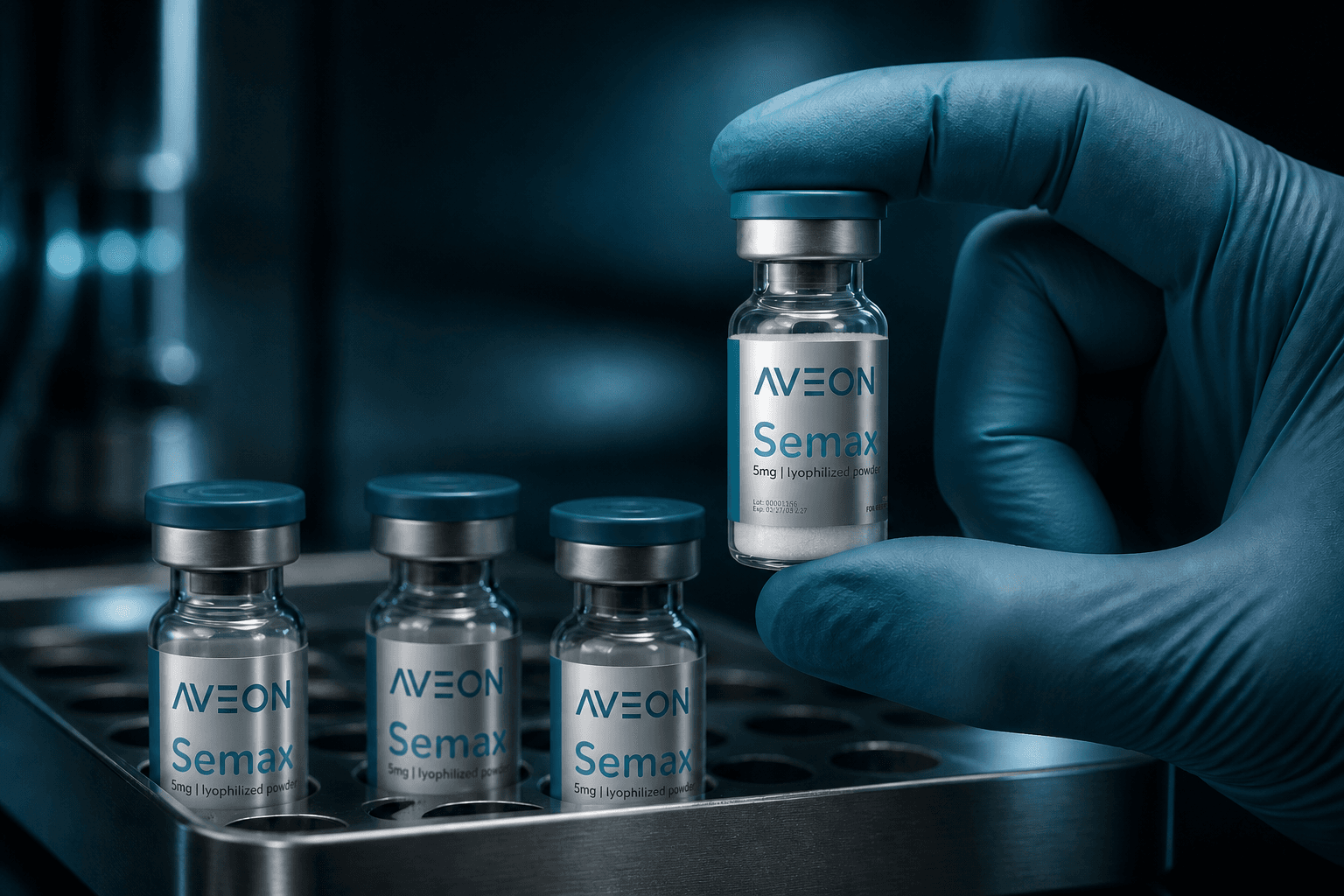 Vial AVEON Semax em primeiro plano enquanto peptídeos são manuseados com micropipeta em laboratório
