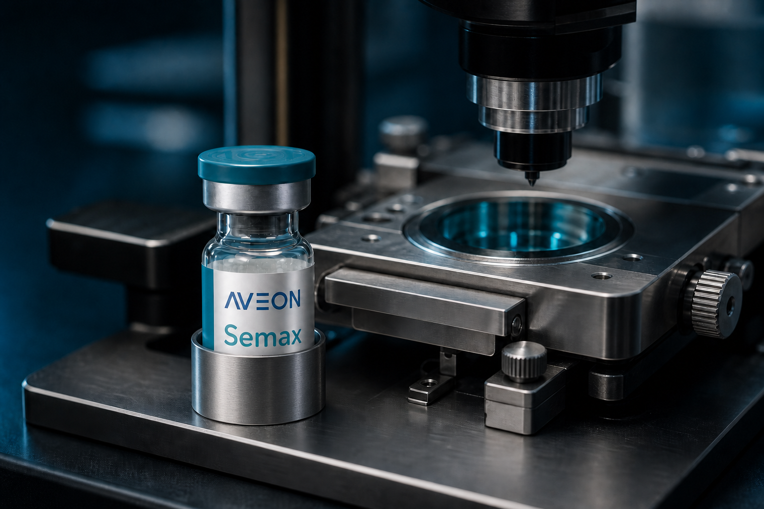 Vial AVEON junto a instrumentação de bancada em um laboratório de pesquisa.