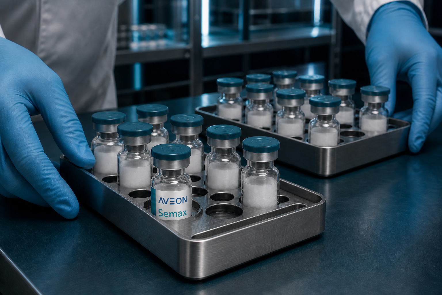Vials AVEON organizados em bandejas metálicas durante manuseio controlado.